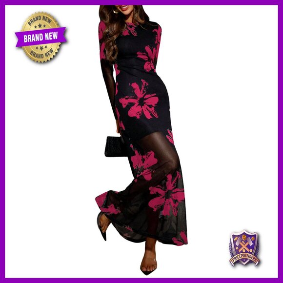 Floral Mesh Maxi Dress Long Sleeve Formal Cocktail Wedding Guest